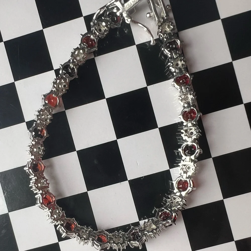 Red Garnet ♥️ Rhodium over Sterling Silver 🩶 Bracelet - Picture 7 of 15